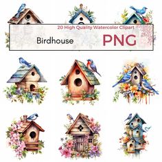 birdhouse watercolor clipart with flowers and birds