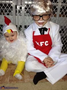 two children dressed up as chicken and rooster in costumes on the same page, one is wearing