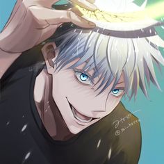 an anime character with white hair and blue eyes is holding his head in the air