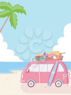 a pink van parked on the beach with surfboards and luggage strapped to it's roof