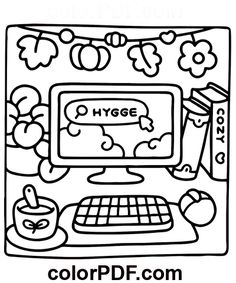 a coloring page with an image of a computer and fruit on the screen, in black and white