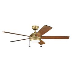 a ceiling fan with two wooden blades and a light on the bottom one is gold