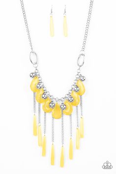 Shiny silver beads and faceted yellow teardrops drip from the bottom of a shimmery silver chain below the collar. Flared yellow beading swings from the bottoms of free-falling silver chains, creating a vivacious fringe. Features an adjustable clasp closure.

Sold as one individual necklace. Includes one pair of matching earrings. Short Silver Necklace, Paparazzi Accessories Jewelry, Silver Strand, Yellow Necklace, Free Falling, Silver Chains, Fringe Necklace, Paparazzi Accessories, Blue Gems