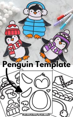 penguins with hats and scarfs are shown in this printable penguin template for kids