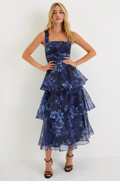 Dramatic Glamour Navy Blue Floral Organza Tiered Midi Dress Outdoor Wedding Guest Dresses, Floral Organza Dress, Floral Cocktail Dress, Guest Attire, Organza Dress, Rehearsal Dress, Wedding Attire Guest, Cocktail Attire, Tiered Midi Dress