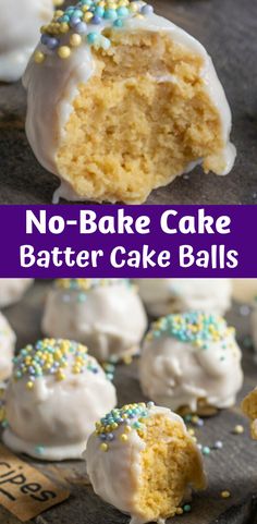 no - bake cake batter cake balls with sprinkles and white frosting