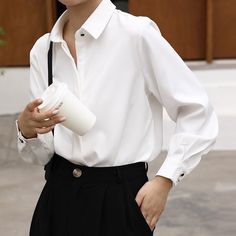 Turn-Down Collar Single-Breasted Long Sleeve White Shirt