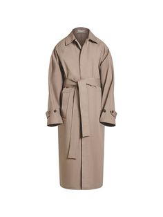 When it comes to great style, you can never go wrong with an elevated classic. UNI FORM’s trench coat has an enveloping oversized profile, concealed button closure, and comfortable raglan sleeves. Cut from midweight cotton twill in a versatile taupe hue, it also features adjustable cuffs and a back tab, adding definition to the relaxed shape. Use the removable belt to cinch the waist. - Pointed collar, concealed button fastening, buttoned tabs at cuffs, welt pockets, back tab, self-tie belt, bac Tailored Long Coat With Double-breasted Button Fastening, Solid Gabardine Double-breasted Outerwear, Notch Lapel Outerwear With Double-breasted Button Fastening, Gabardine Button-up Outerwear With Hidden Button Closure, Long-sleeve Gabardine Outerwear With Hidden Button Closure, Soft Tailoring, Cotton Crafts, Utility Pants, Summer Staples