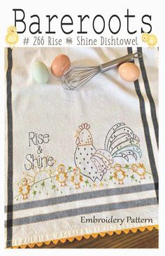 an embroidered towel with eggs and whisk on it, in the shape of a rooster