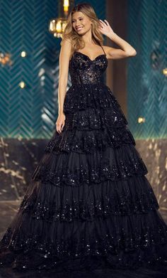 Fiona Briseno, Ruffle Ball Gown, Hoco Court, Sherri Hill Gowns, Hoco Ideas, Matric Dance, Sheer Corset, Prom Inspo, Big Dresses