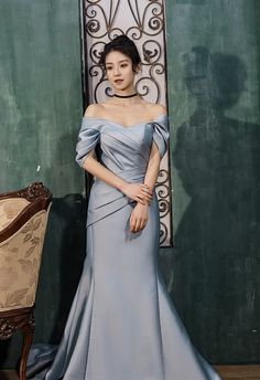 Elegant Off-shoulder Fitted Satin Dress, Fitted Off-shoulder Mermaid Dress For Formal Events, Fitted Off-shoulder Mermaid Dress With Sweep Train, Fitted Off-shoulder Evening Gown, Strapless Satin Mermaid Evening Dress, Off-shoulder Mermaid Dress With Sweep Train For Prom, Fitted Bodice Satin Evening Dress For Prom, Satin Bridesmaid Dress For Prom Season Banquet, Satin Bridesmaid Dress For Banquet During Prom Season