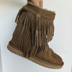 Ugg Koolaburra Boots Suede Leather Fringe Western Style Tan Brown Color In Excellent Used Condition With Normal Wear Mid Calf Height Size 7 Fur Lined ______________________________________ Check Out The Rest Of My Closet! I Have A Ton Of Similar Items!! Don’t Have A Poshmark Account Yet? Sign Up And Get $10 Off Your Order Using Code: Relloved Tags Boho Y2k Beachy Trendy Trending Dainty Summer Knit Woven Cozy Comfy Slouchy Oversized Chunky Shapewear Leather Chic Minimalist Streetwear Unisex Styli Casual Leather Fringe Boots, Brown Western Boots With Tassels, Suede Fringe Boots With Closed Toe, Casual Leather Boots With Tassels, Casual Winter Boots With Fringe, Casual Fringe Winter Boots, Casual Winter Fringe Boots, Leather Fringe Boots With Closed Toe, Winter Fringe Boots With Round Toe