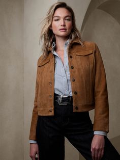 Suede Trucker Jacket | Banana Republic Suede Trucker Jacket, Suede Jacket Outfit, Leather Jumpsuit, Studded Jacket, Sheepskin Jacket, Brown Suede Jacket, Jacket Outfit, Leather Shirt, Winter Outfits For Work