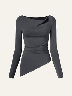 Modern Asymmetrical Hem Top For Fall, Asymmetrical Ruched Top For Evening, Versatile Fitted Draped Top, Modern Tops With Asymmetrical Neckline For Fall, Modern Top With Asymmetrical Neckline For Fall, Modern Fall Tops With Asymmetrical Neckline, Elegant Asymmetrical Ruched Tops, Modern Asymmetrical Tops For Fall, Elegant Ruched Asymmetrical Tops