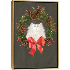 a painting of a white cat in a christmas wreath with pine cones and red bows