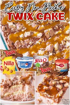 an advertisement for two layer cake with caramel and chocolate toppings on the side