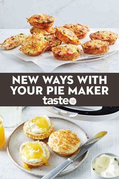 some biscuits and eggs on plates with the words new ways with your pie maker taste