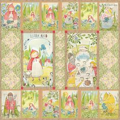 an image of children's wallpaper with pictures of animals and people in the forest