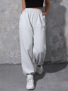 Cute Sweats, Sweatpants For Women, Cute Sweatpants, White Sweatpants, Pocket Sweatpants, Baggy Sweatpants, Sweatpants Outfit, Letter Embroidery, Grey Sweatpants