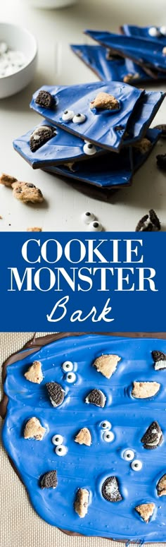 cookie monster bark cake on a plate with blue icing