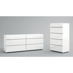 two white dressers sitting next to each other on a gray background, one is empty