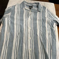 This Shirt Is Really Cool With A Heavy Material But It’s Too Big For Me. I Should Have Returned It But Waited Too Long. Never Worn. This Would Be Good For Somebody 250 -320 Lbs. And 6’ +. Casual Collared Tops For The Beach, Casual Striped Camp Shirt For Spring, Light Blue Casual Vacation Shirt, Casual Light Blue Shirt For Vacation, Casual Striped Collared Tops, Striped Cotton Camp Shirt For Vacation, Blue Cotton Short Sleeve Summer Shirt, Casual Button-up Camp Shirt For Day Out, Striped Cotton Vacation Shirt