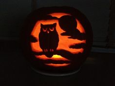 a carved pumpkin with an owl on it