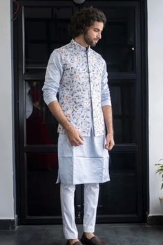 Shop for Hilo Design Blue Dupion Silk Embroidered Bundi And Kurta Set for Men Online at Aza Fashions Kurta Set For Men, Wedding Outfit Men, Nehru Jackets, Dupion Silk, Kurta With Pants, Kurta Designs, Kurta Set, Guest Outfit, Embroidered Silk