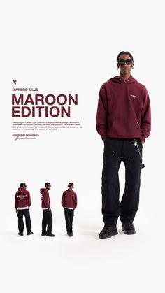 a man standing in front of a white background wearing maroon hoodie and black pants