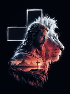 a lion with a cross on it's chest and a man in the background