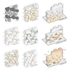 six diagrams showing different types of buildings and their corresponding areas, including the floor plan