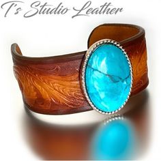 Brown Tooled Leather Cuff Bracelet Wristband with Turquoise Concho Leather Hoop Earrings, Leather Wrist Cuff, Fall Fashion Accessories, Paw Print Bracelet, Silver Turquoise Jewelry, Wide Cuff Bracelets, Leather Wedding, Leather Cuff Bracelet, Color Earrings