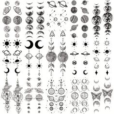 an assortment of different tattoo designs and shapes on a white background, including the sun, moon