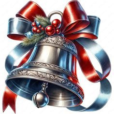 a christmas bell with a red bow and holly on it's side is shown