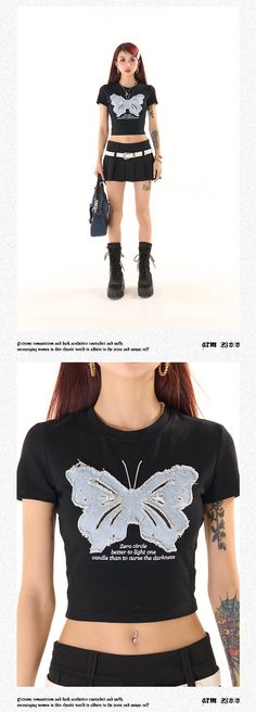 Age: 18-24 years oldSize: S M L XLPattern: AnimalsStyle: StreetStreet: Sports and leisureCollar: Round neckPopular elements: embroidery/embroideryMain color: BlackSleeve type: RegularSKU: T5168E31Season: SpringYear Season: Spring 2023Sleeve length: Short sleevesThickness: RegularLength: ShortClothing fit: slim fitMaterial composition: cotton Patchwork Butterfly, Short Sleeve Cropped Top, 24 Years Old, Animal Fashion, Cropped Top, Short Outfits, Season Spring, Workout Clothes, Types Of Sleeves