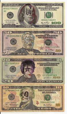 three different bills with the faces of two clowns on one dollar bill, and an image of a man's face