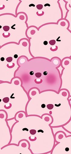 a group of pink teddy bears with black eyes and nose shapes on them, all facing different directions