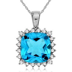 Royal 14K White Gold Blue Topaz and Diamond Halo Pendant Necklace - 4.95 Carat Cushion Cut Blue Topaz, 0.45 Carat Diamond Luxury Blue Necklace With Rectangular Pendant, Luxury Blue Topaz Jewelry With Gemstone Accents, Luxury White Topaz Necklace With Diamond Accents, Blue Topaz Pendant, Topaz Color, Diamond Birthstone, Halo Pendant, Jewelry Appraisal, Gold Necklace Women