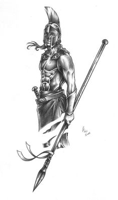 a pencil drawing of a warrior holding a spear