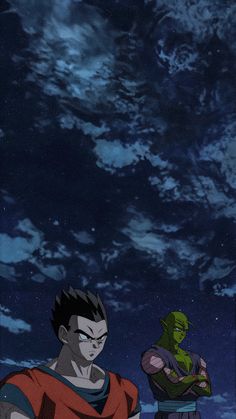 two young men standing next to each other in front of a night sky with clouds