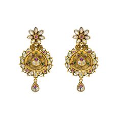 22K Yellow Gold Drop Earrings W/ Kundan & Vintage Design - Virani Jewelers Traditional Yellow Gold Chandelier Earrings For Formal Occasions, 22k Gold Ceremonial Drop Earrings, Traditional 22k Gold Earrings With 17 Jewels, 22k Gold Drop Earrings For Ceremonial Occasions, Ceremonial 22k Gold Drop Earrings, Gold Jeweled Bridal Earrings For Festive Occasions, 22k Gold Danglers For Formal Events, Festive Gold Jeweled Bridal Earrings, Ornate Gold Kundan Danglers