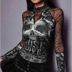 Please See Photos For Detailed Description Edgy Black Top With Skull Print, Black Skull Print Tops For Alternative Fashion, Black Emo Tops For Winter, Emo Black Tops For Winter, Black Emo Top With Skull Print, Edgy Skull Print Tops For Winter, Black Stretch Tops With Skull Print, Black Stretch Top With Skull Print, Fitted Skull Print Tops For Winter