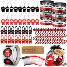 PRICES MAY VARY. Ninja Party Gifts: you will receive a ninja themed party gift set, including 18 ninja slingshots, 18 ninja slingshot toys, 18 ninja keychains, 18 ninja silicone bracelets, 18 red and black organza storage bags, 18 thank you tags and a roll of 200 ninja stickers, a total of 109 pieces; Abundant quantity and assorted styles to meet your party needs, which are ideal for a party or birthday present; Their sizes will show in the pictures Reliable to Use: these ninja party supplies ar Ninja Party Favors, Ninja Toys, Ninja Theme Party, Ninja Party Favor, Ninja Stickers, Ninja Theme, Ninja Party, Soccer Birthday, Party Needs