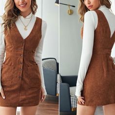 Camel Brown Button Down Corduroy Pocket Mini Dress Xs S M L Xl, 100% Polyester, Ships In 7-8 Days Cord Pinafore Dress, Corduroy Overall Dress, Elegante Casual, Shein Dress, Body Con Dress, Pinafore Dress, Thanksgiving Outfit, 가을 패션, Overall Dress