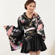 Soft smooth satin kimono dress in black with attached tutus. Comes with obi sash. Cute kimono. Popular for cosplay, for festivals or as lounge wear. Very easy to put on and comfy. Perfect Valentine's day gift ❤️. Free size. Wrap robe style with strings. Length of dress is 93cm=37", bust up to about 95cm=37.5" (at arm pit), waist up to about 87cm=34", sleeve length 50cm=20". Please note these are approximate since it is cross over style. If the chest area or skirt area does not close (over lap much), wear a camisole or corset and legging/tights/petticoat. 95% polyester, 5% polyurethane. Wash in cold water in a net bag, gentle cycle. Hang dry. No iron or dry clean. Use a steamer. Watch this instruction video https://www.youtube.com/XXa8kXxeU0IString attached to right panel goes through a sma Satin Kimono Dress, Cute Kimono, Obi Sash, Cute Kimonos, Modern Kimono, Kimono Japan, Satin Kimono, Japanese Outfits, Kimono Dress