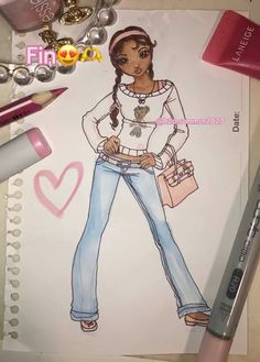 a drawing of a woman in jeans and a white shirt with her hand on her hip