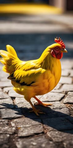 a yellow chicken standing on top of a brick road