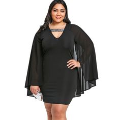 Plus Size Sequined Trim Cape Dress - Black - 3868269512 - Women's Clothing, Plus Size Women's Clothing  #PlusSizeWomensClothing #Women's #Clothing # #Plus #Size #Women's #Clothing Plus Size Club, Black Plus Size Dress, Plus Size Long Dresses, Plus Size Cocktail Dresses, Engagement Dresses, Different Dresses, Fashion Plus Size, Cape Dress, Trendy Plus Size Clothing