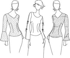 three women's tops and skirts, one in black and white with polka dots