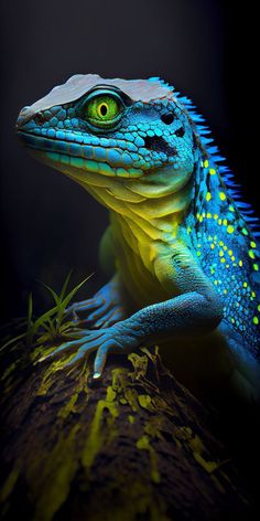 a blue and yellow lizard sitting on top of a tree branch